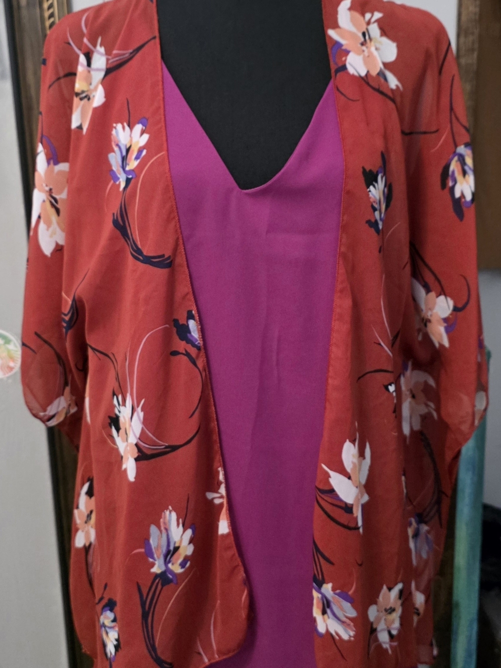 Floral Rust Kimono Layered over 382 Magenta Mini Dress